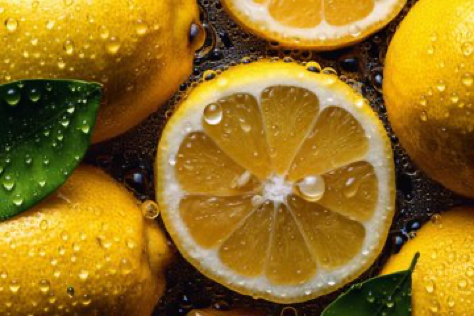 close up shot of Fresh lemons and lemon slices, seamless background, glistening with drops of water, Top down view, Shot...