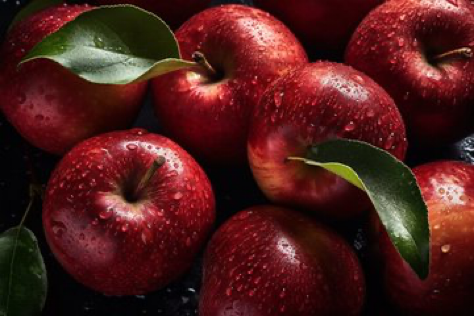 close up shot of bright red Fresh apples with some leaves, seamless background, glistening with drops of water, Top down...