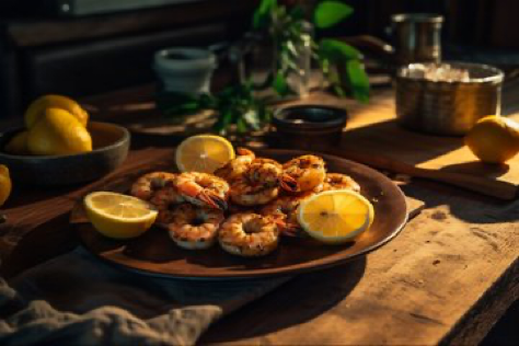perfectly grilled shrimp and lemon slices, sitting on a rustic style table Realistic, realism, hd, 35mm photograph, sharp, sharpened, 8k...