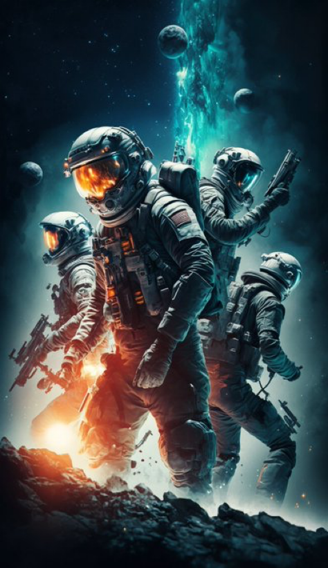 group of astronauts fighting on the space, highly detailed, hyperrealistic, space opera movie poster, cinematic, sci-fi --ar 9:16 --s 1000...