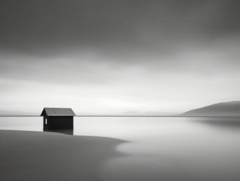 an extreme minimalistic landscape shot ,black and white, slow shutter, calming and introspective aeasthetic, pastroal scenes, serene, atmosphere and moody...