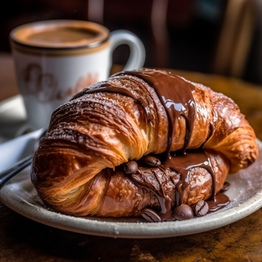 A delicious steaming bon au chocolat croissant with a swirling frothy cappuccino, Macro food photography