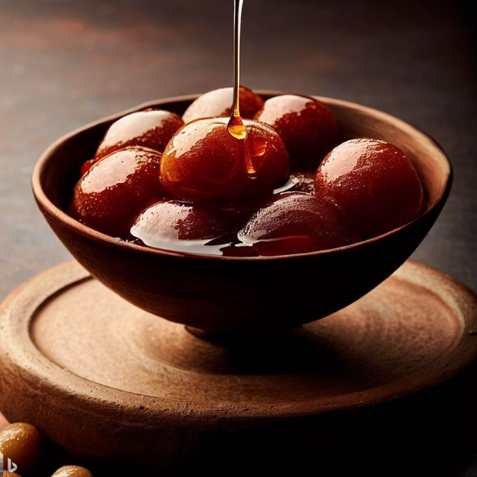 Highly detailed photo of delicious gulab jamuns in a bowl, a drop of sugar syrup running over a gulab jamun,...