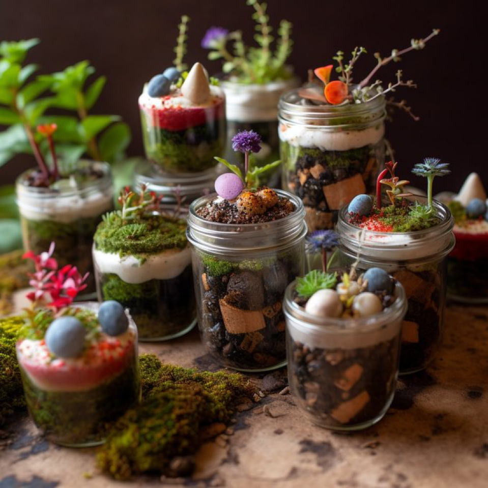 Cupcakes decorated to look like miniature terrariums, with edible plants, rocks, and soil made from various dessert ingredients. --v 5