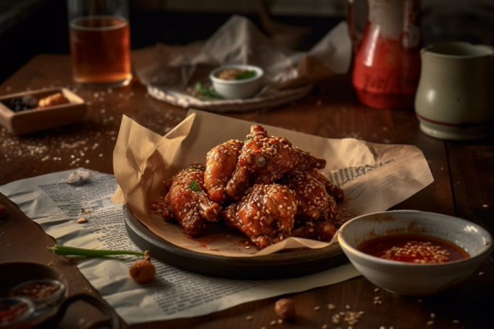 freshly fried Korean chicken wings, steaming hot, covered in soy and garlic sauce and slivered almonds and sesame seeds, served...