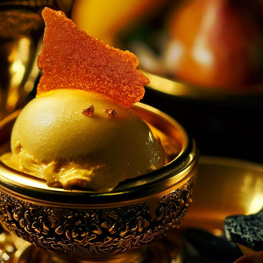 close up of heavenly mango ice cream, a thin foil or real gold is placed on the ice-cream, a spoonful...