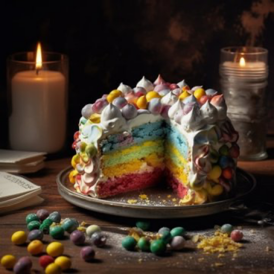 amazing rainbow cake, merengue and cream, food photography, perfect lit, instagram, canon Eos r3, photography winning awards, perfect lighting, editorial...