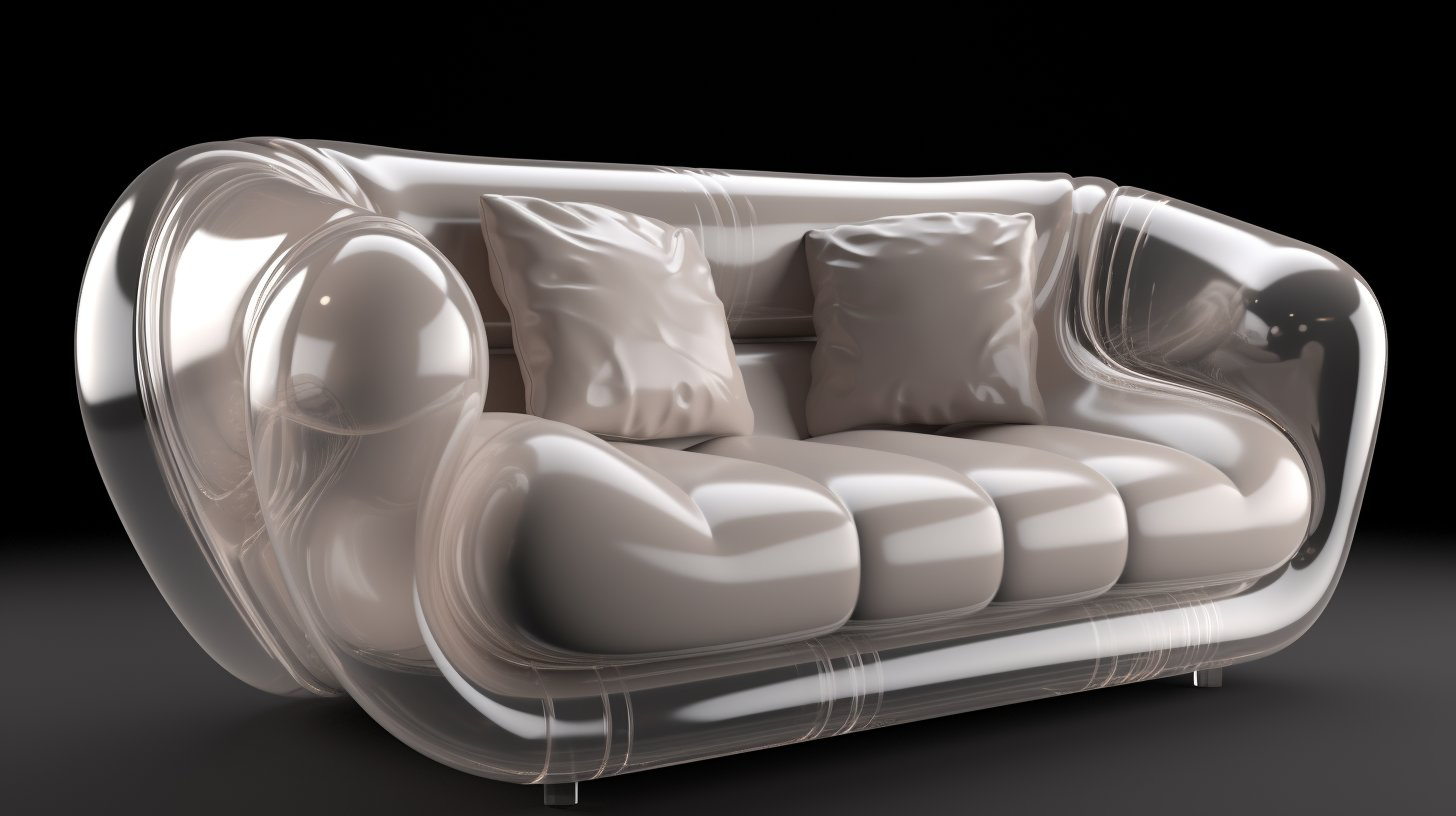 Subject: Organic shaped inflatable transparent soft plastic sofa with metal varanoi frame, Style: Hyper minimalistic, photorealistic, 3D render --ar 16:9
