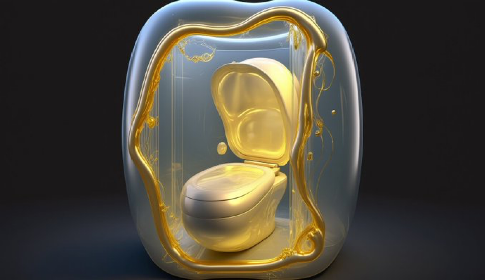 Subject: Organic shaped inflatable transparent soft plastic toilet with golden varanoi frame, Style: Hyper minimalistic, photorealistic, 3D render --ar 16:9
