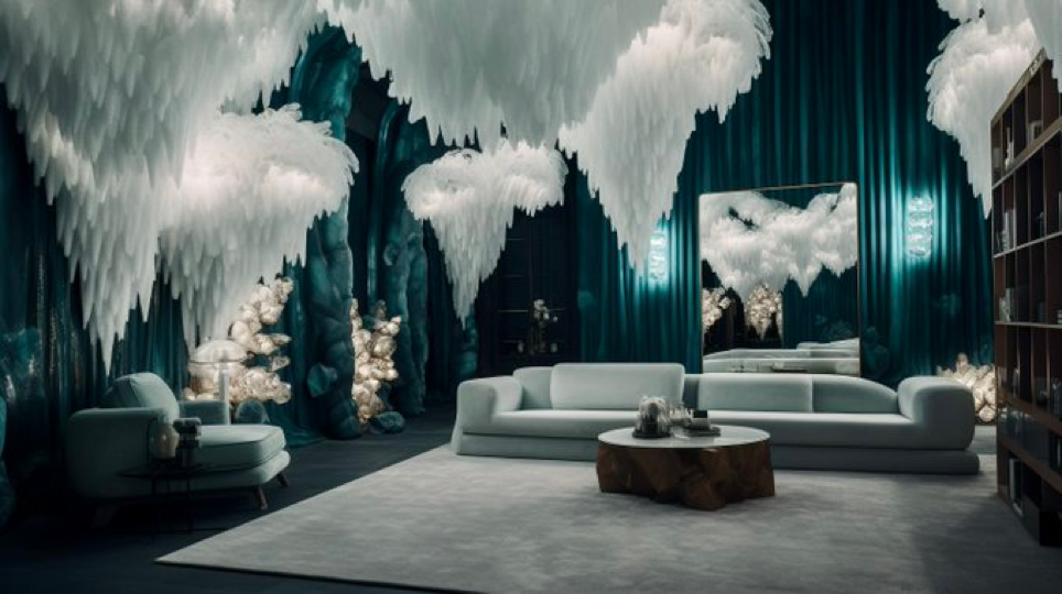 editorial photo, spacious living room with blue velvet and white, Drops interior, led lights, stalactite room shape --ar 16:9 --v...