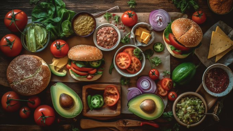 A knolling-style display of all ingredients required for a delicious homemade burger, including ripe avocados, tomatoes, onions, jalapeños, cheese and...
