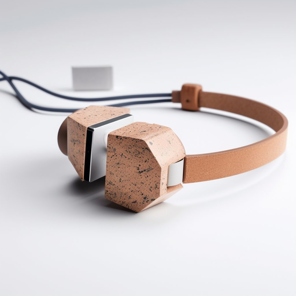 Design an elegant minimalist wearable audio device, skillfully crafted from structured compostable materials, showcasing a polished finish and a captivating...