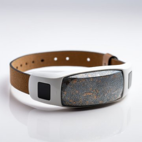 Design an elegant minimalist wearable audio device, skillfully crafted from structured compostable materials, showcasing a polished finish and a captivating...