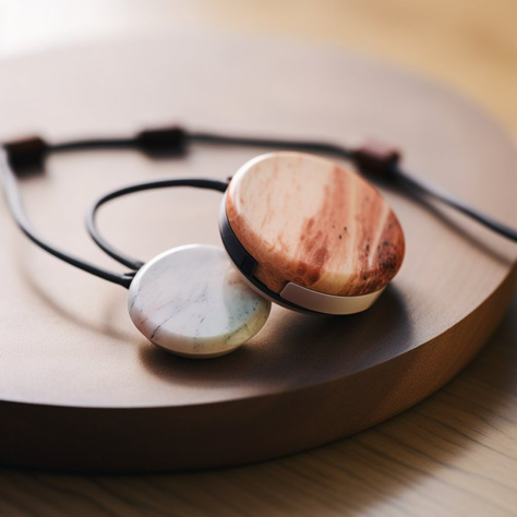 minimalist wearable audio device, skillfully crafted from structured compostable materials, showcasing a polished finish and a captivating multi-color palette