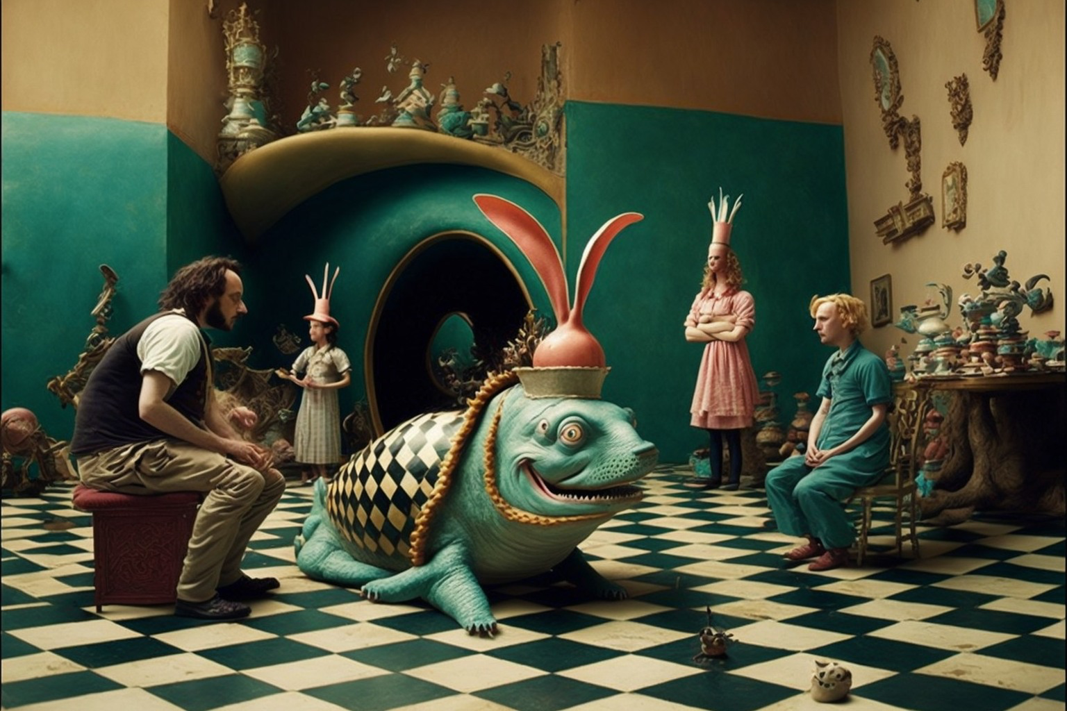 on the set of Alice in Wonderland directed by Wes Anderson --ar 3:2 --v 4