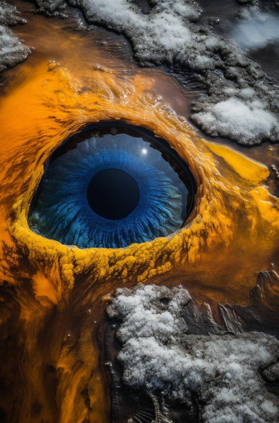 the ice formation at yellowstone park, in the style of dark azure and amber, photorealistic eye, werner herzog, yellow and...