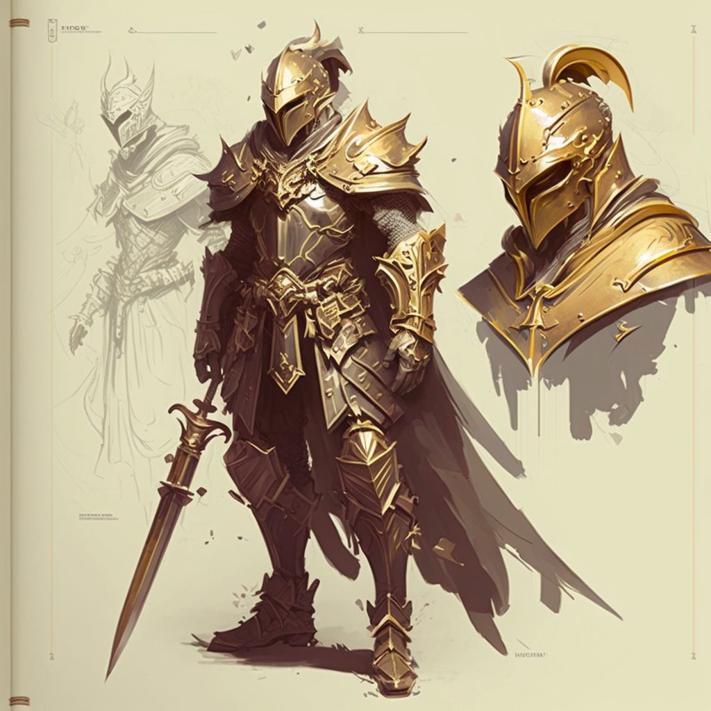 Knight with golden armor holding a sword Fantasy adventurer, Full body, Character sheet design, sketch --v 4