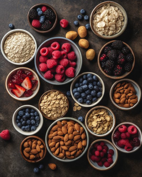 knolling of fruit and berries:: knolling of oats and nuts:: --v 5 --ar 4:5 --s 750