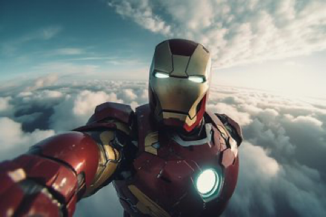 Ironman taking a selfie with a GoPro while floating in the clouds in the sky, a selfie, one hand outreached...