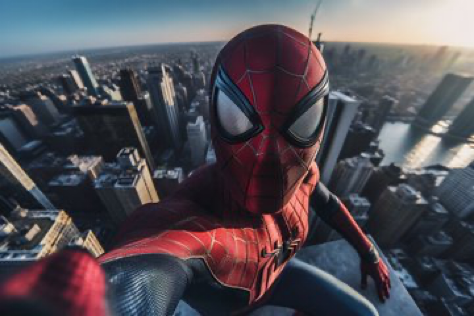 Marvels Spider - Man taking a selfie with a GoPro while standing on top of a skyscraper in New York,...