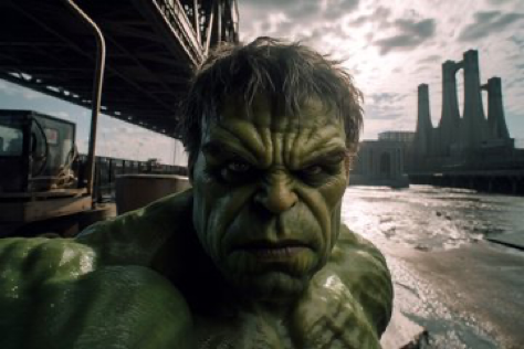 Marvels Incredible Hulk taking a selfie with a GoPro while rampaging through New York, a selfie, one hand outreached holding...
