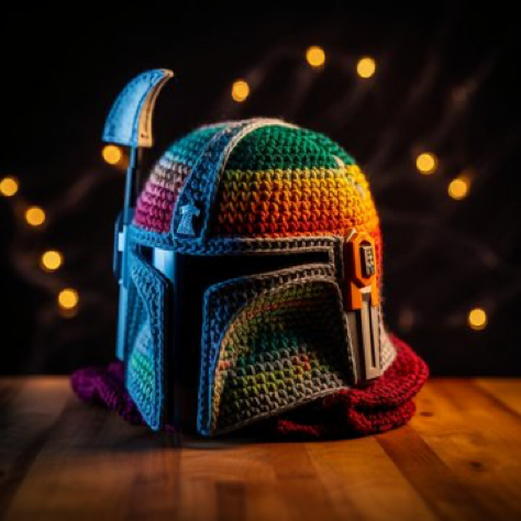 crochet style, vibrant mandalorian helmet, Cinematic Glamor Shot, Cinematic lighting, Canon EOS R3, 85mm lens, 3d, extreme detail --v 5