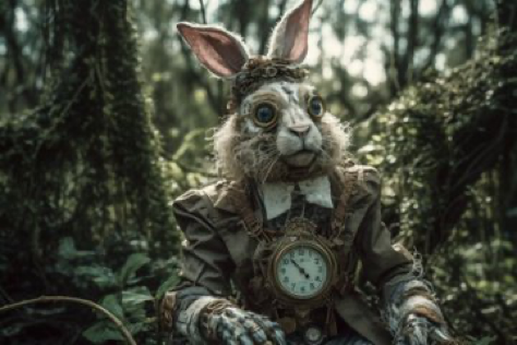 A mesmerizing image that melds the eccentric charm of Alice in Wonderland with the desolation of a post-apocalyptic world. The...