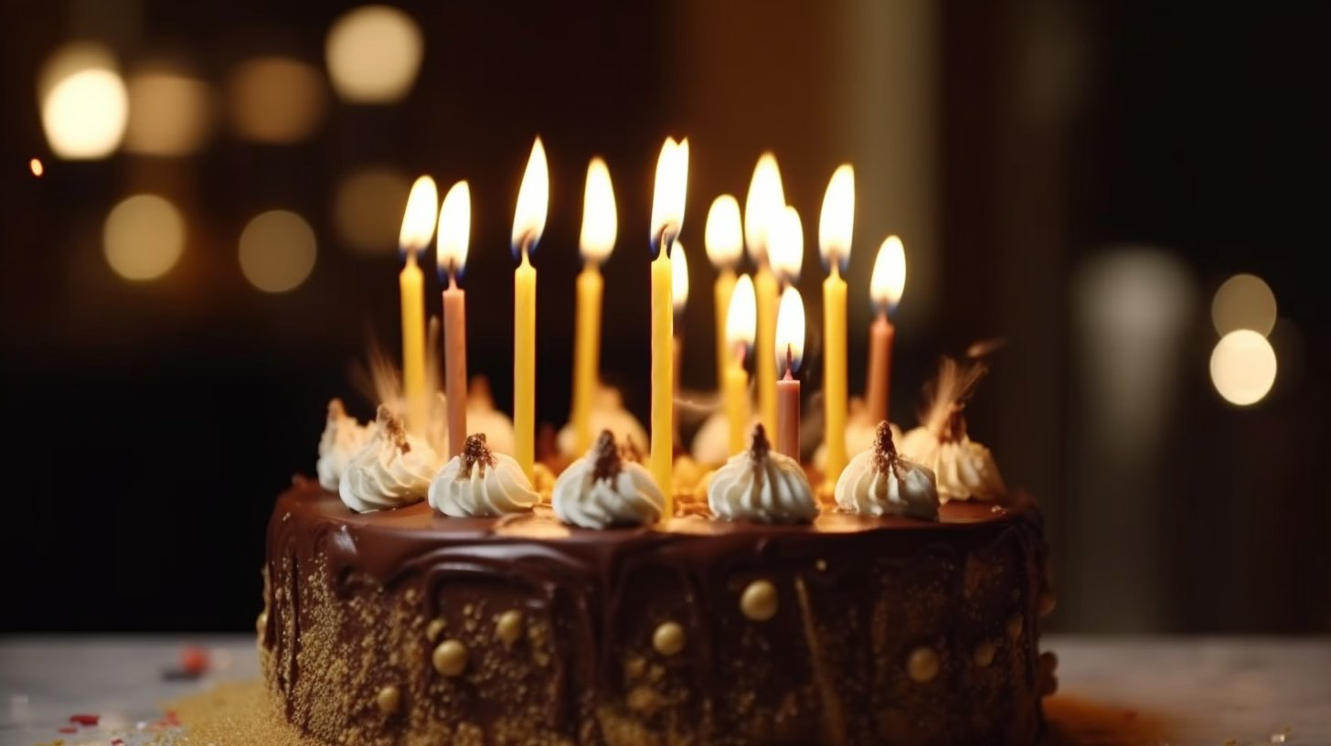High cuisine symmetrical close - up shot in bakery of an expressive birthday cake with candles, anamorphic lens, ultra realistic,...