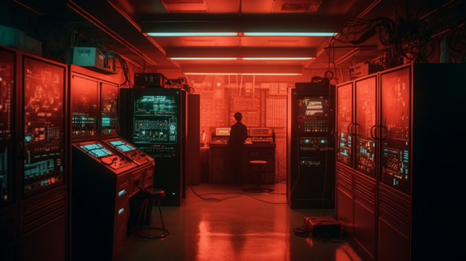 [1K Image Prompt], red server room with gigantic mother - computer, cables everywhere, blinking lights everywhere, wes anderson + Cyberpunk...