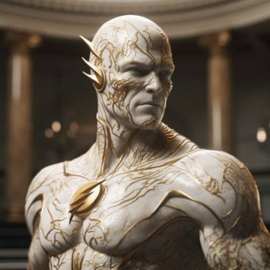 The Flash from the DC Extended Universe made of white, and gold details, rococo style, porcelain white and gold marble,...