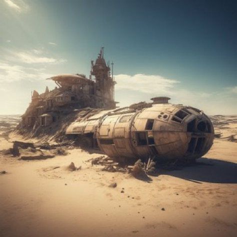 editorial photo of a futuristic Jakku desert landscape with a spaceship boneyard, noon mood, featured in national geographic, close up...