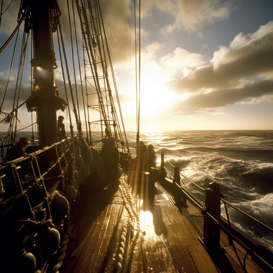 action shot, wide angle lens, wooden deck of a wooden warship at sail, ship is plowing through choppy seas, sails...