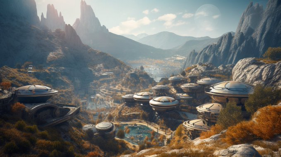 editorial photography of a futuristic Village by the mountains, impressive Design Features, sunny, vibrant atmosphere, award winning national geographic photography...