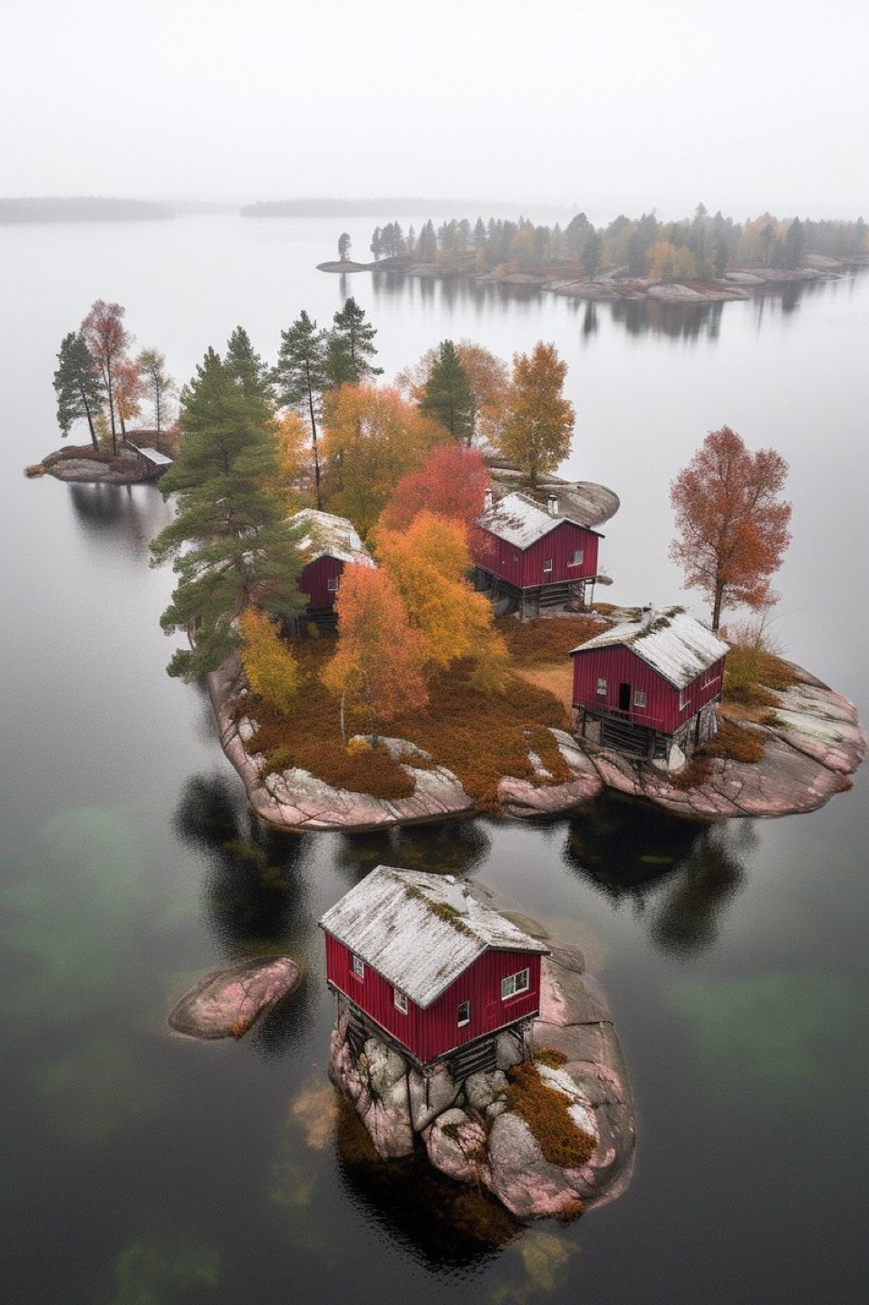 Photographer Captures The Changing Beauty Of Kotisaari Island In Finland from above, kitsch and camp charm, with red house --ar...