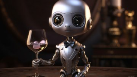 Baby robot attending a sophisticated soiree, dapper attire, refined guests, zbrush, large button eyes, charming grin, fits in palm of...