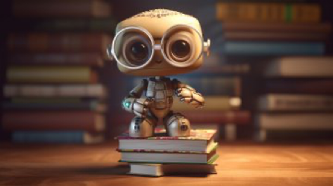 Baby robot, standing on a stack of books, cute cartoonish design, intellectual curiosity, zbrush, large romantic button eyes, smiling, fits...