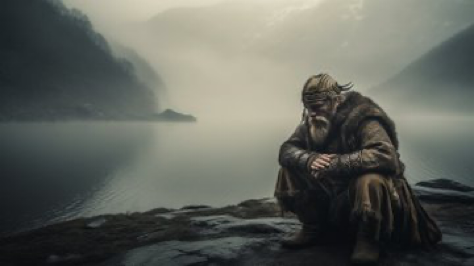 Close-up Photography | GENRE: Historical | MOOD: Before battle| SCENE: A Viking praying before battle, surrounded by a thick layer...
