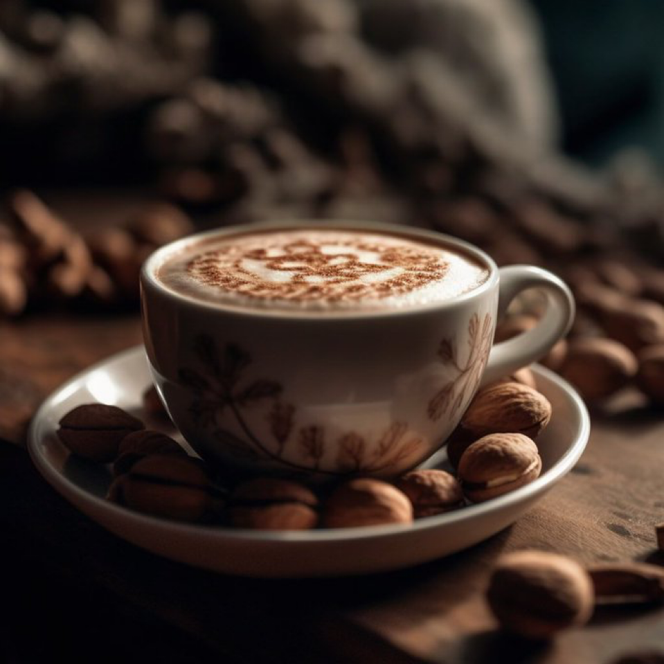 hyper realistic close up, 50 mm prime lens, hazelnut Coffee with milk , intricate details, blurred background, soft and natural...