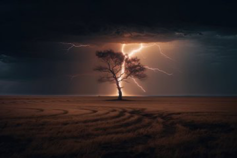 A breathtaking photograph captures the exact moment a lightning bolt strikes a lone tree on a vast, open plain. The...