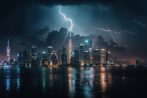 A striking photograph captures the breathtaking beauty of a thunderstorm over a bustling city skyline at night. The magnificent single...
