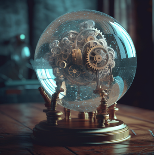 Inside the crystal ball, a sleek, modern clock face hovers in mid-air, surrounded by a network of interconnected gears and...