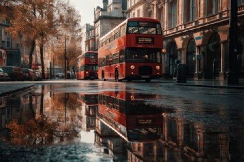 A captivating photograph captures the reflecting in a puddle on a bustling London street. The historic architecture of the city...