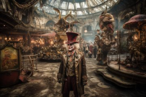 A jaw-dropping photograph presents an extraordinary blend of a post-apocalyptic wasteland and a vibrant, carnival-inspired wonderland. The central character, a...