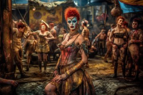 A jaw-dropping photograph presents an extraordinary blend of a post-apocalyptic wasteland and a vibrant, carnival-inspired wonderland. The central character, a...