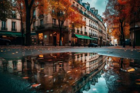 A mesmerizing photograph captures a vibrant rainbow reflected in a puddle on a charming cobblestone street in Paris. The elegant...