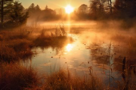 A mesmerizing photograph captures the exact moment when the sun rises above a tranquil, mist-shrouded lake. Shafts of golden sunlight...