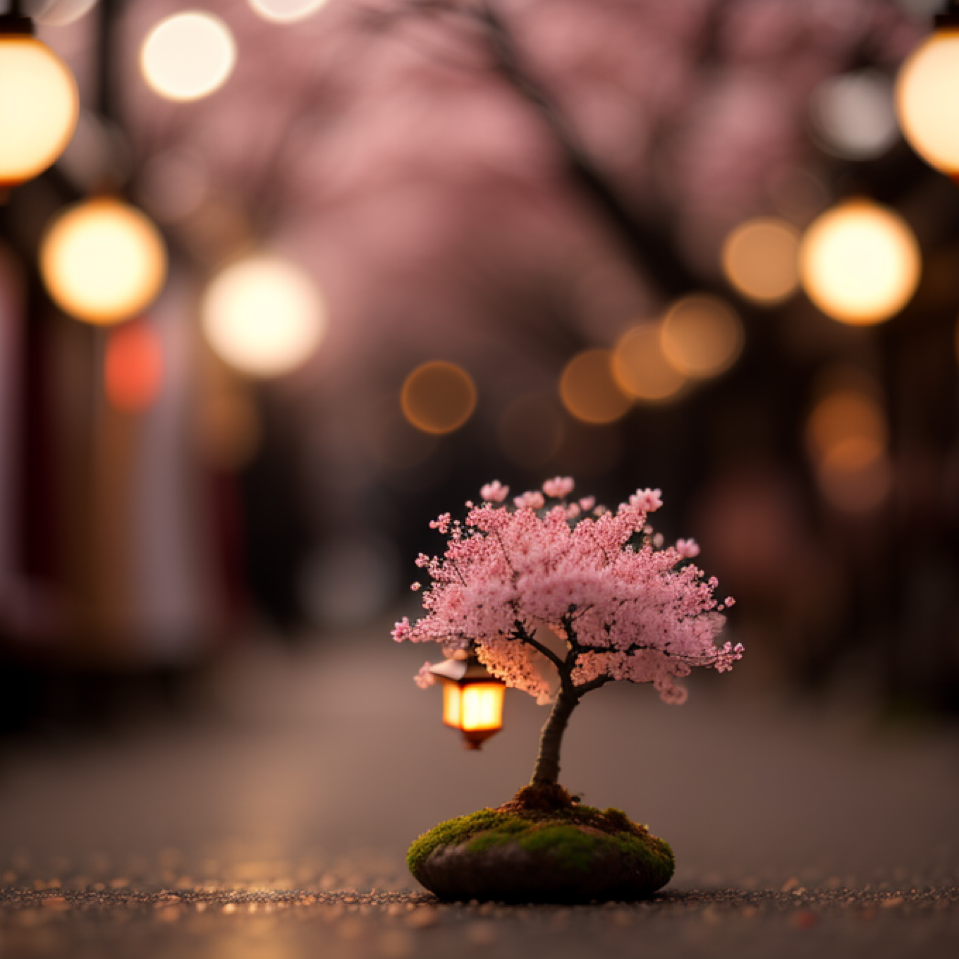 a macro photo of a tiny miniature sakura tree on the streets of Kyoto, very shallow depth of field, sharp...