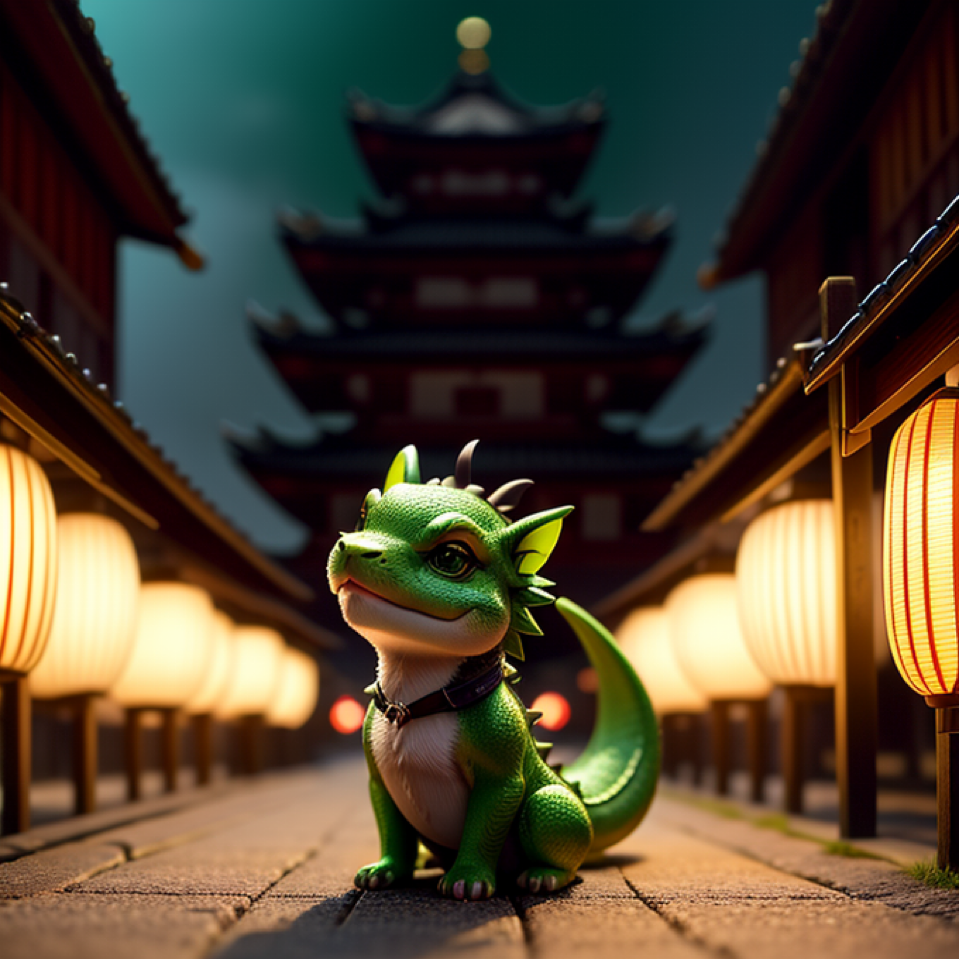 a macro photo of a cute adorable green miniature dragon on the streets of Kyoto, traditional buildings tower above, very...