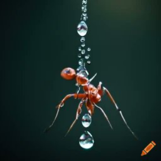 Ant discovers elephant in dewdrop, both mesmerized by stunning reflection