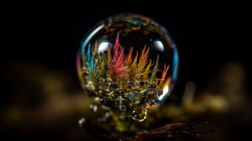 A delightful and unique macro image capturing the intricate beauty of a tiny dewdrop, magnifying the vibrant colors of a...